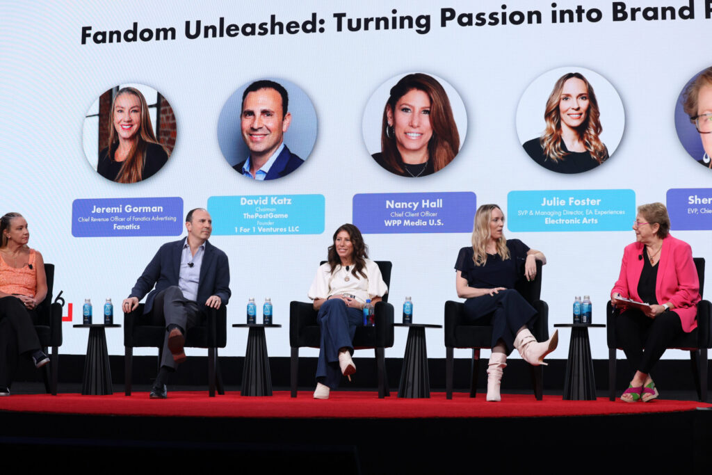 Image of session with Jeremi Gorman (Chief Revenue Officer of Fanatics Advertising, Fanatics), David Katz (Chairman/Founder, ThePostGame/1 For 1 Ventures), Nancy Hall (Chief Client Officer, WPP Media U.S.), Julie Foster (SVP & Managing Director, EA Experiences, Electronic Arts) and Sheryl Goldstein (Executive Vice President, Chief Industry Growth Officer, IAB